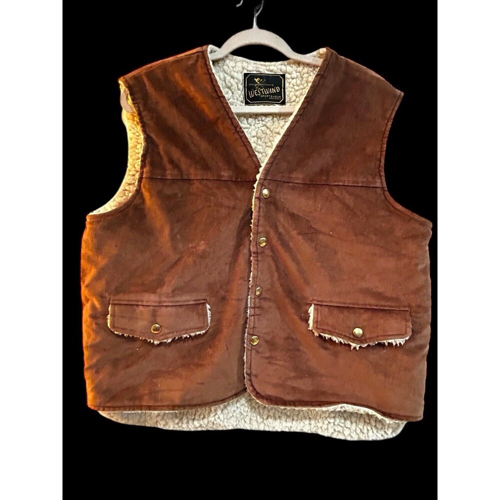VTG 70s Westwind Sportswear Sherpa Lined Brown Corduroy Velour Vest Mens Lg